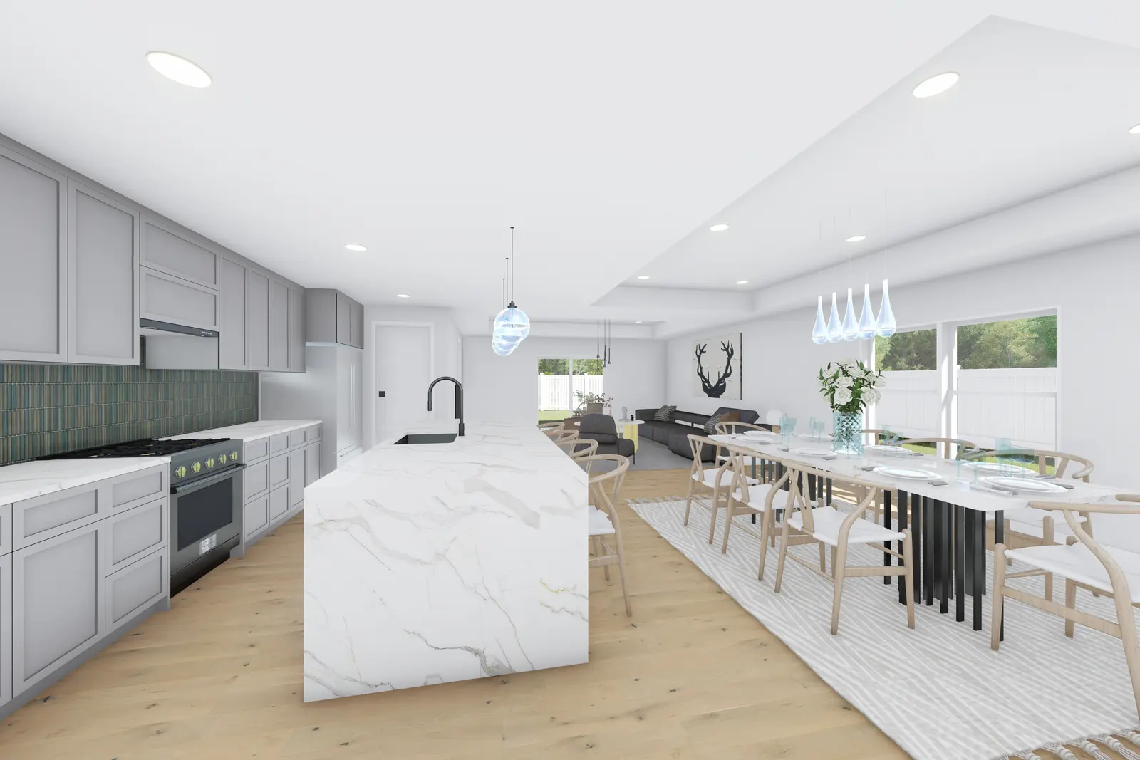 Rendering of the Lilac model kitchen with a marble waterfall island and dining area