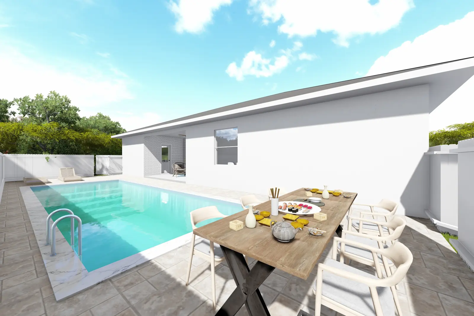 Rendering of the Philip model rear pool deck with covered lanai and dining table