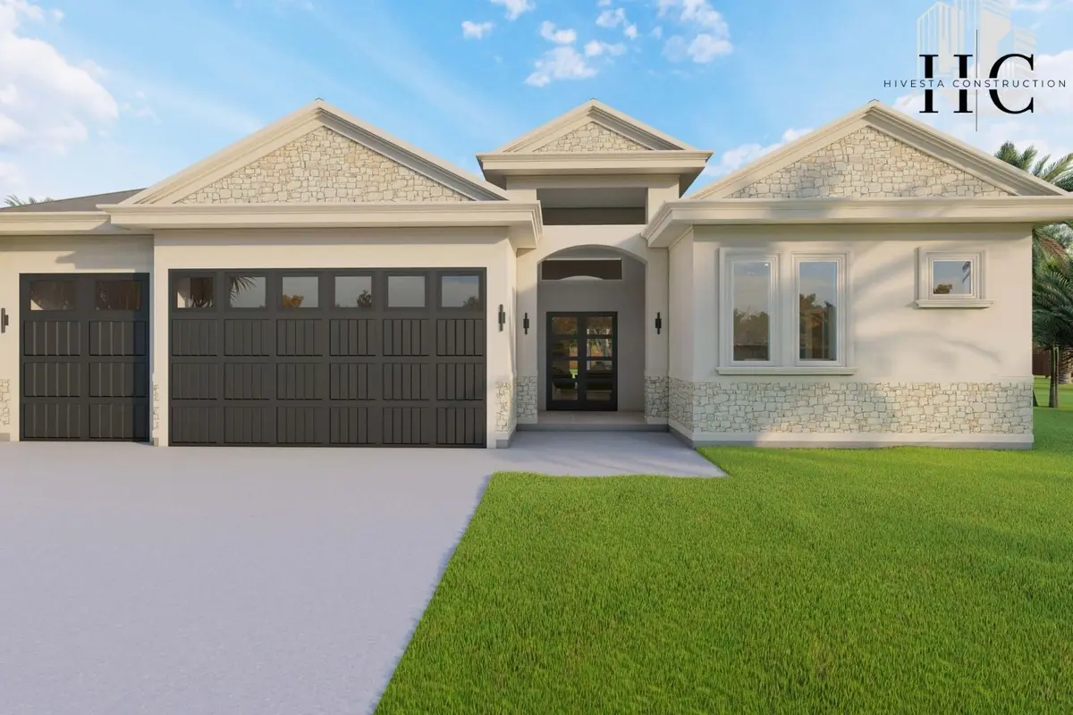 Rendering of the Sun Palm model front with stone gables and a three-car garage