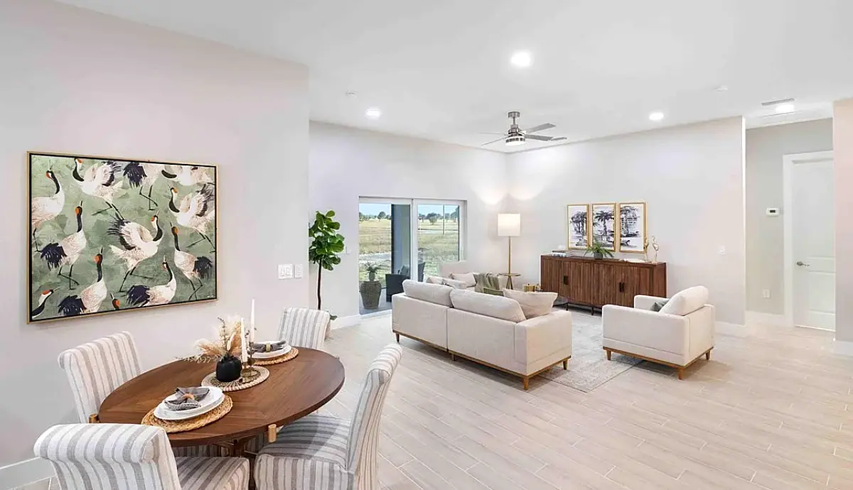 Open great room with dining and living areas